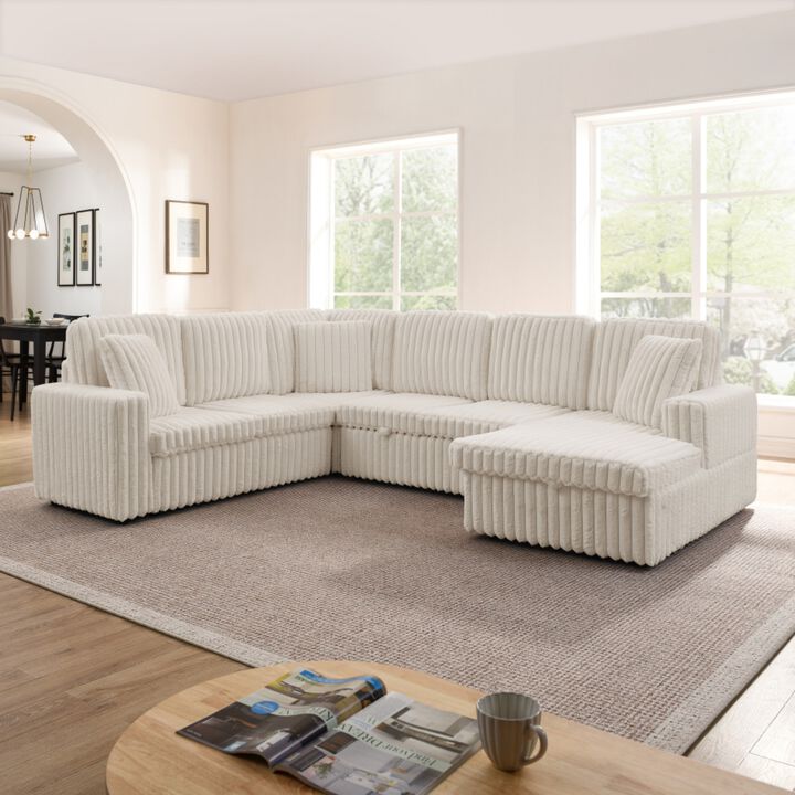 Tercex U‑Shape Corduroy Striped Pull‑Out Sleeper Sectional Sofa