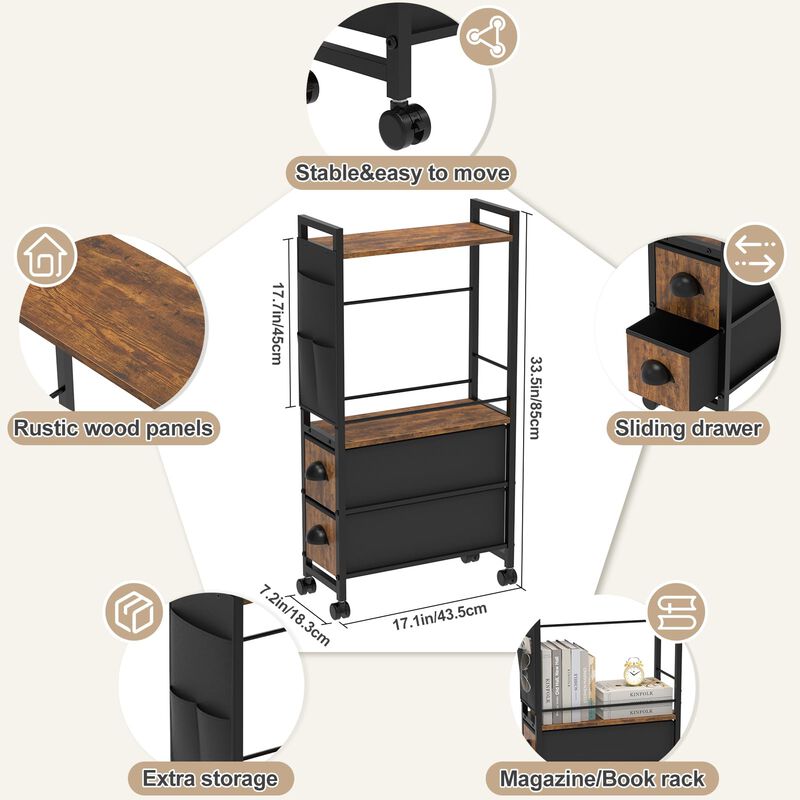 Oppro Small Side End Table with Drawer for Small Spaces, Narrow Slim Nightstand Bedside Sofa Table with Wheels, Space Saving Ski
