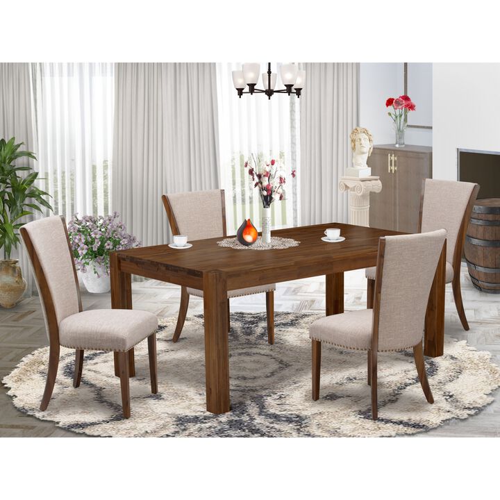 East West Furniture East West Furniture - LMVE5-N8-04 - 5-Pc dining room table Set- 4 Upholstered Dining Chairs and Wood Dining Table - Light Tan Linen Fabric Seat and High Chair Back - Antique Walnut Finish