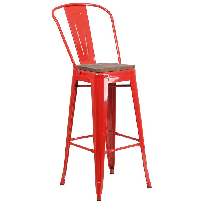 Flash Furniture Lily 30" High Red Metal Barstool with Back and Wood Seat