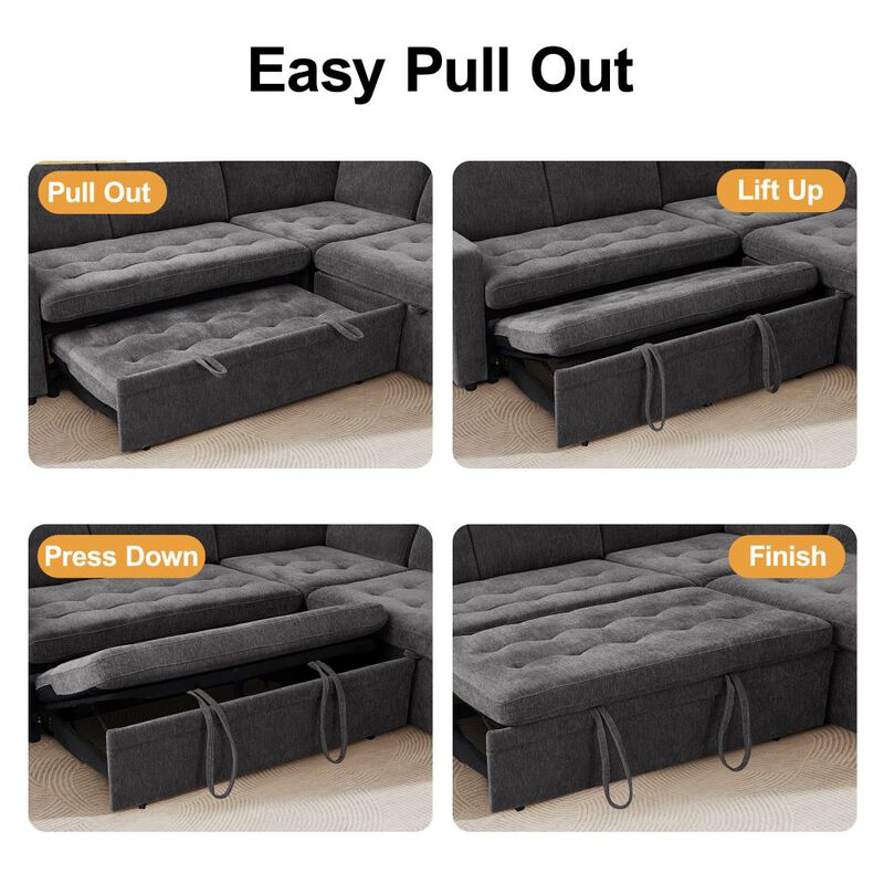 102" L-Shaped Chenille Modular Sectional Sleeper Sofa with Pullout Bed, Reclining Backrest, USB image number 6