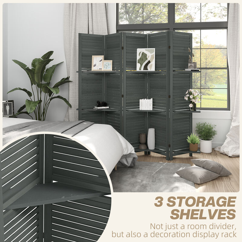 Hivvago 5-Panel Wood Room Divider with Shelves and Storage image number 3