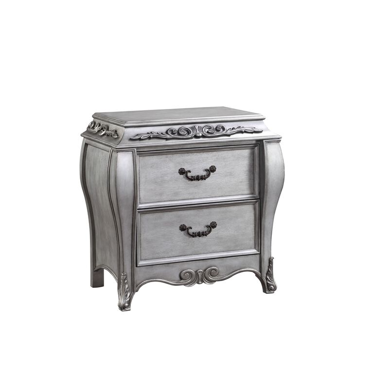 Nightstand with Moldings and Raised Floral Motifs, Gray-Benzara