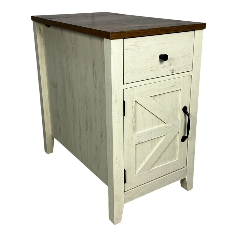 Streamdale Farmhouse End Table with Barn Door & Drawer, Charging Station