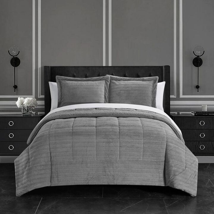 Chic Home Ryland Comforter Set Ribbed Textured Microplush Sherpa Bed In A Bag - Sheet Set Pillow Shams Included - 7-Piece - Queen 86x90", Grey