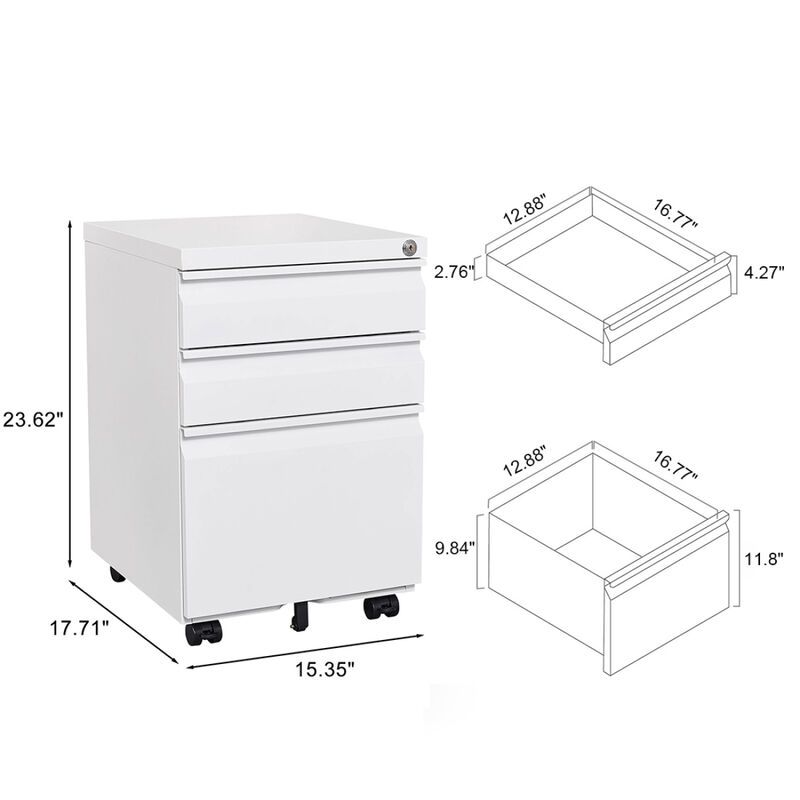 3-Drawer Mobile File Cabinet with Lock, Office Storage Filing Cabinet for Legal/Letter Size, Pre-Assembled Metal File Cabinet Except Wheels Under Desk(White)