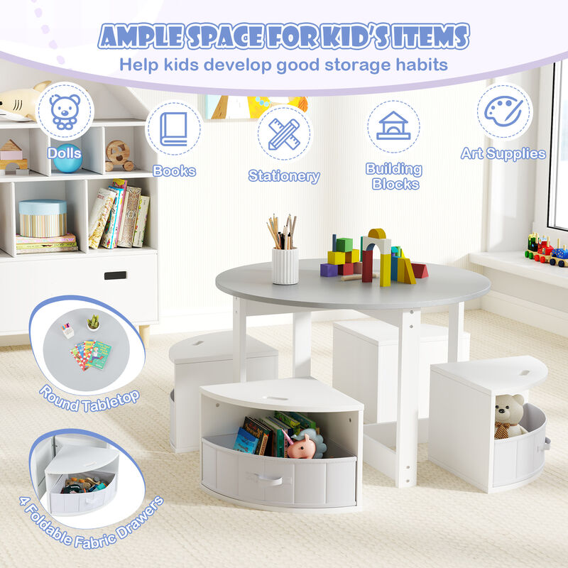 Kids 5-Piece Round Activity Table Set with 4 Nesting Storage Stools &ndash; Grey image number 7