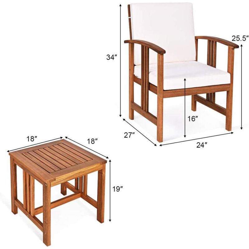 Hivvago 3-Piece Solid Wood Outdoor Patio Furniture Table Chairs Set with White Cushions