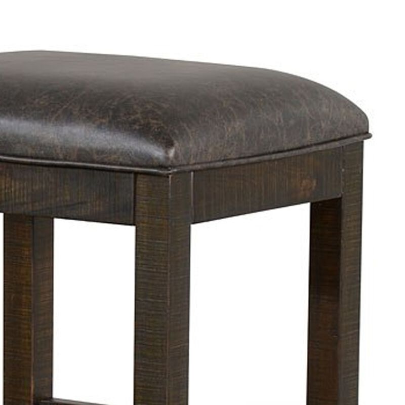 Flint Counter Stool, Faux Leather Seat, 24 Inch High, Dark Brown Wood - Benzara