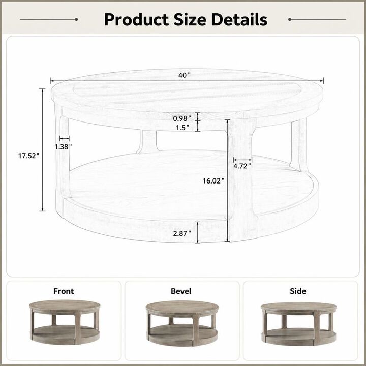 GOODSILO 40 Inch Large 2-Tier Round Wooden Center Coffee Table with Wheels, Rustic Style for Living Room Office Apartment