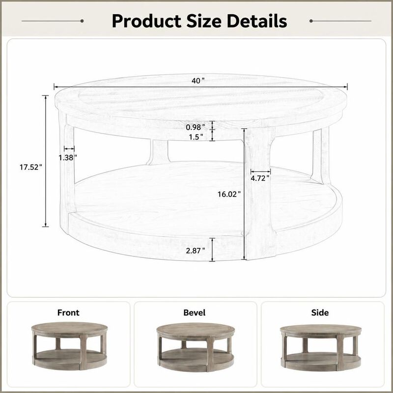 GOODSILO 40 Inch Large 2-Tier Round Wooden Center Coffee Table with Wheels, Rustic Style for Living Room Office Apartment image number 1