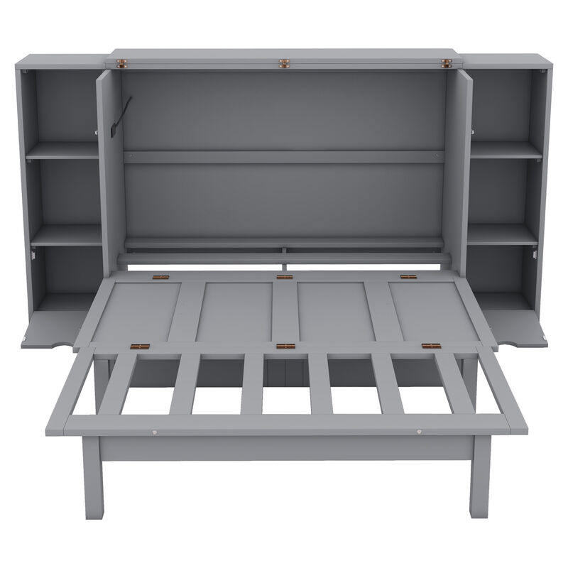 Whisen Modern Design Full Size Murphy Bed, Folded into a Cabinet with Shelves, Drawers and USB Ports