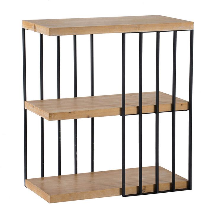 35 Inch 3 Tier Decorative Display Shelves, Black Iron, Fir Wood, Brown - Benzara