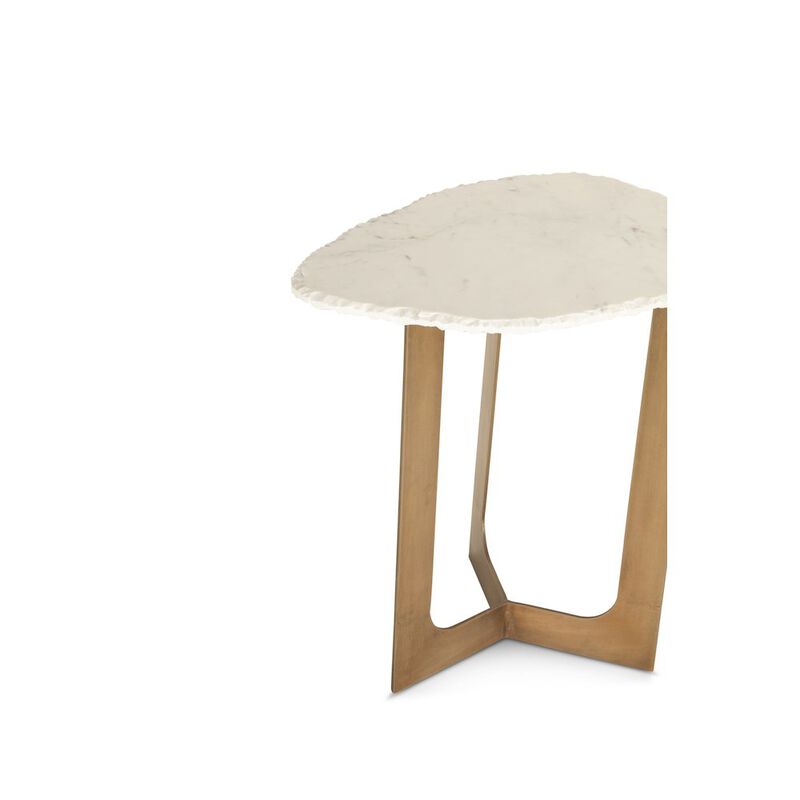 World Interiors Fresno 24 Side Table in White Marble and Antique Brass Base