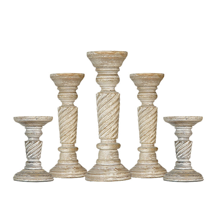 Traditional Antique White Eco-friendly Handmade Mango Wood Set Of Five 6",9",12",9" & 6" Pillar Candle Holder BBH Homes