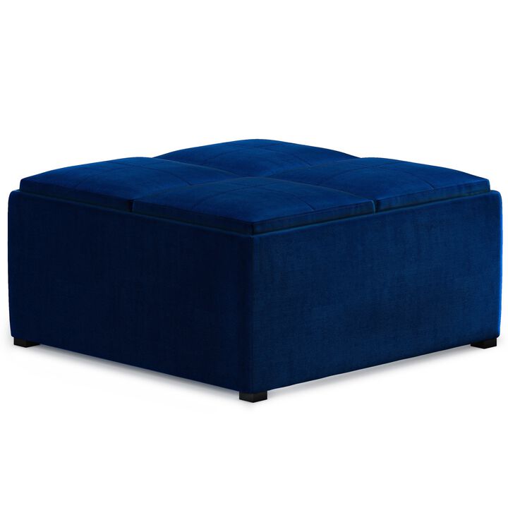 Avalon Square Coffee Table Storage Ottoman in Blue Velvet Fabric