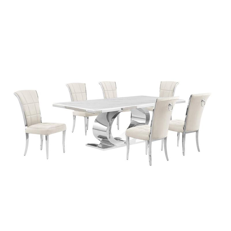Best Quality Furniture 7pc Large (87) marble top dining set with silver base and 6 Cream side chairs image number 0