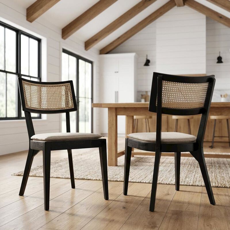 Fabric-Upholstered Wood Dining Chairs, Black White, Set of 2 image number 4