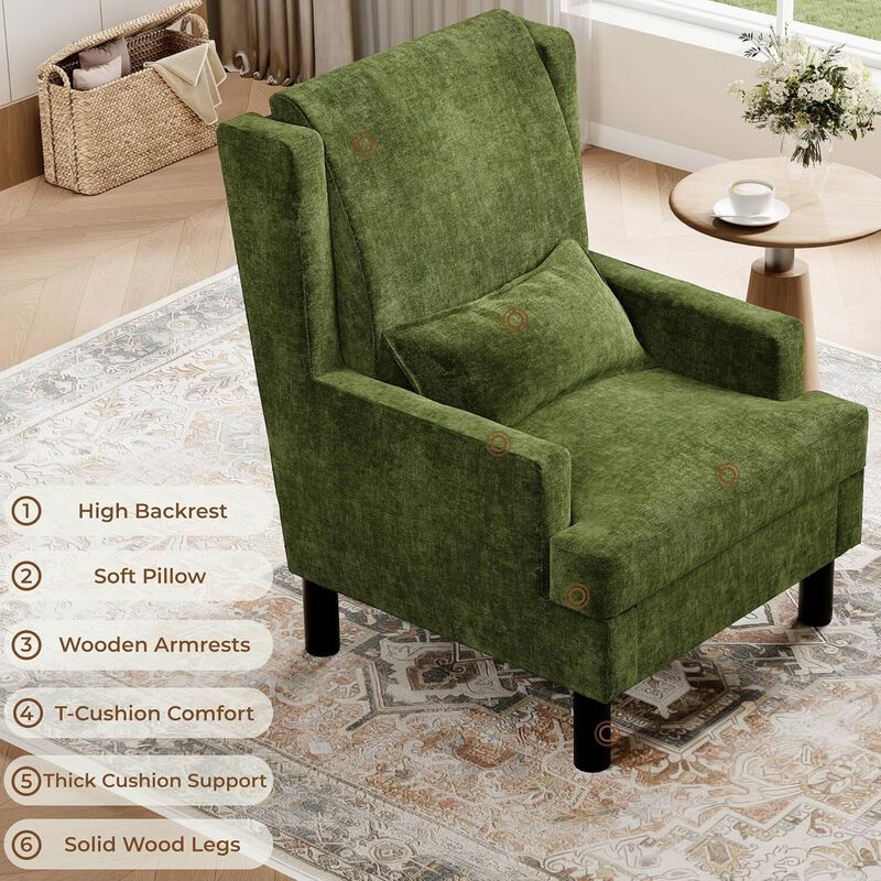 Upholstered Wingback Accent Chair, Modern Reading Armchair for Living Room, Bedroom, Green image number 2