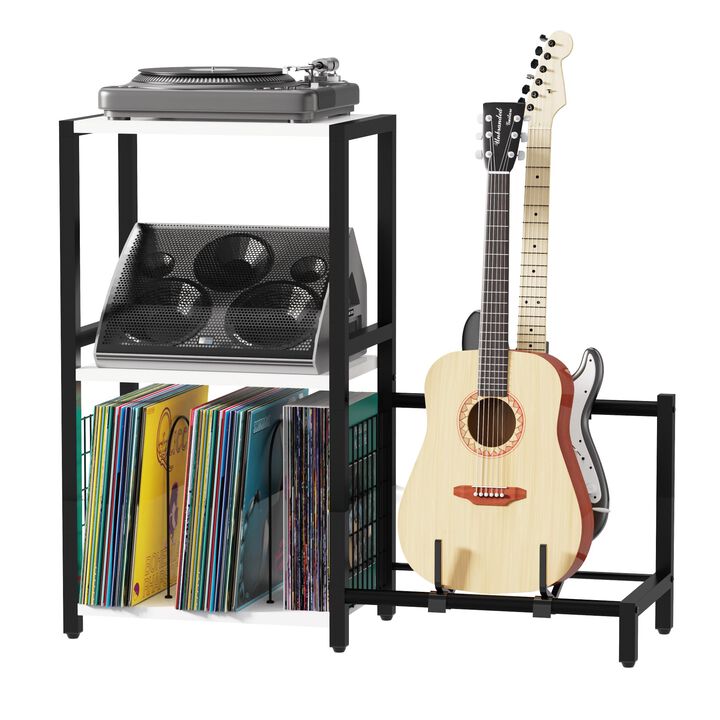 End Table with Guitar Stand,Record Player Stand,Vinyl Records Storage,2-Tier Guitar Stand for Acoustic, Electric Guitar,Bass,Tur