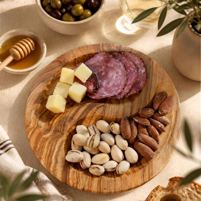 Olive Wood Yin-Yang Dual-Compartment Plate (7 in) &ndash; Charcuterie, Tapas & Serving Dish image number 6