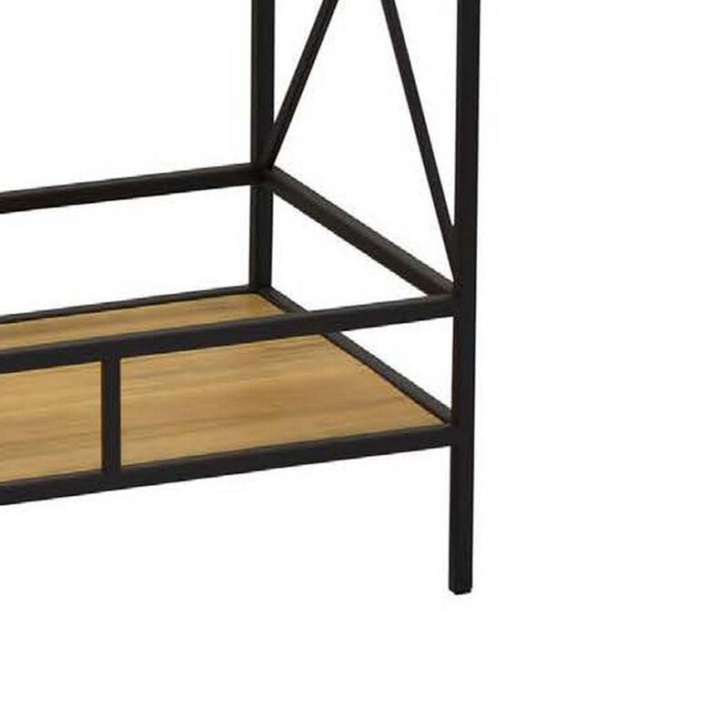 35 Inch  Plant Stand Table, 2 Tier Wood Shelves, Black Metal Frame - Benzara