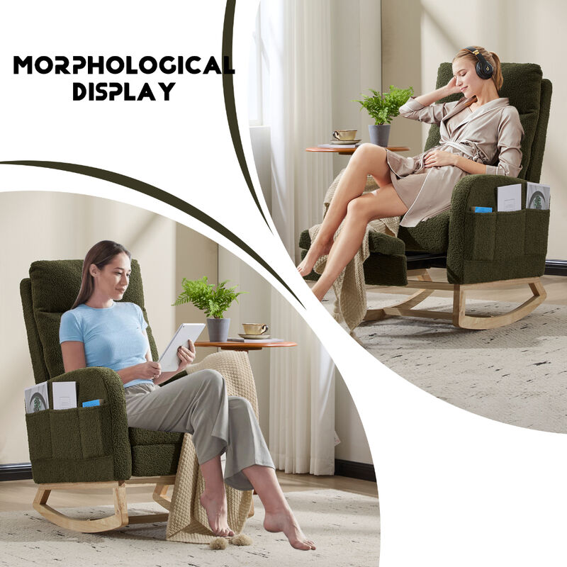 Upholstered Modern Rocking Chair with Solid Wood Legs and Ergonomic High Backrest image number 7