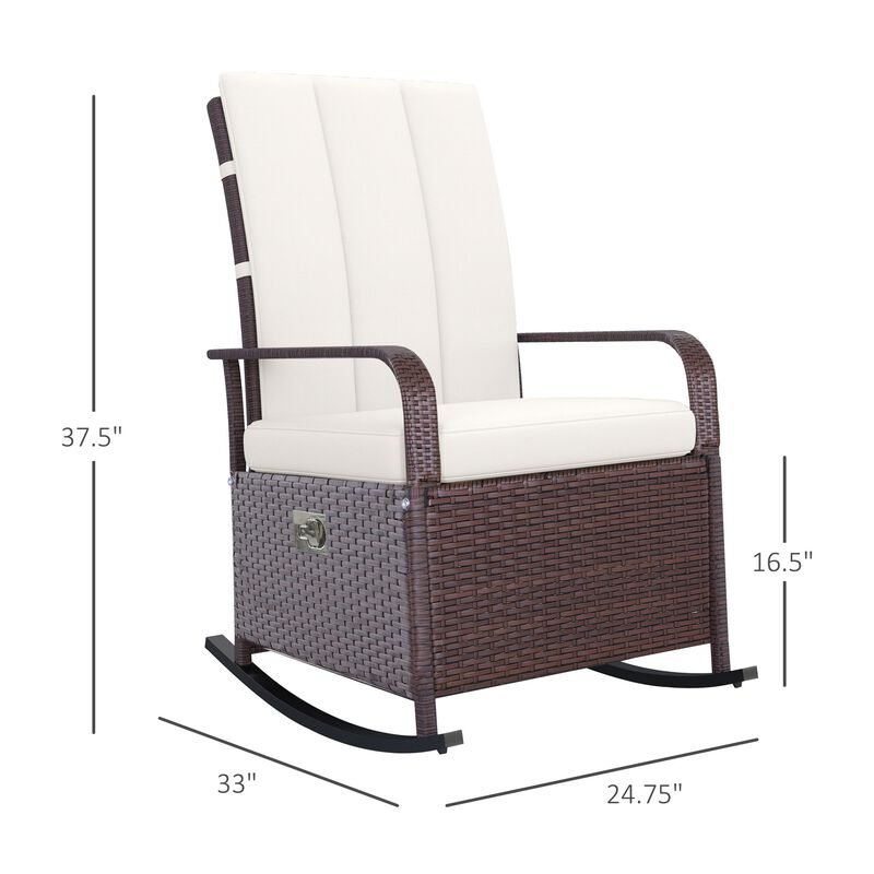 Outdoor Rattan Wicker Rocking Chair Patio Recliner with Soft Cushion, Adjustable Footrest, Max. 135 Degree Backrest, Cream