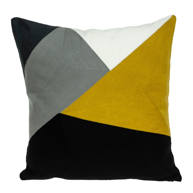 20" Yellow and Black Geometric Embroidered Square Throw Pillow
