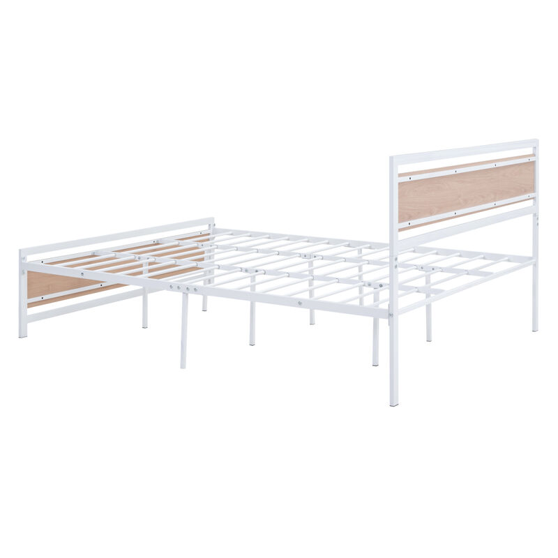 Queen Size Platform Bed, Metal and Wood Bed Frame with Headboard and Footboard, White
