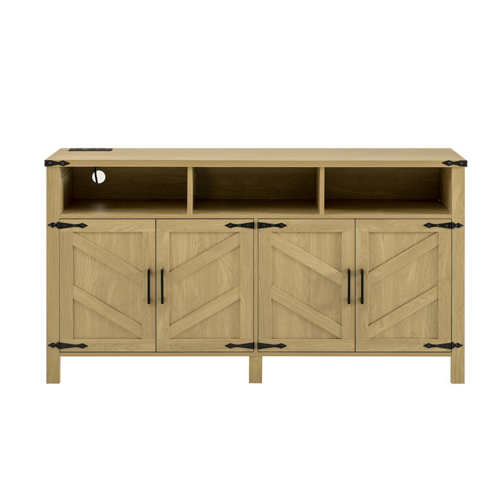 TATEUS Modern Buffet Cabinet with Built-in Charging Station, Aluminum Handles & Half-Open Shelves.