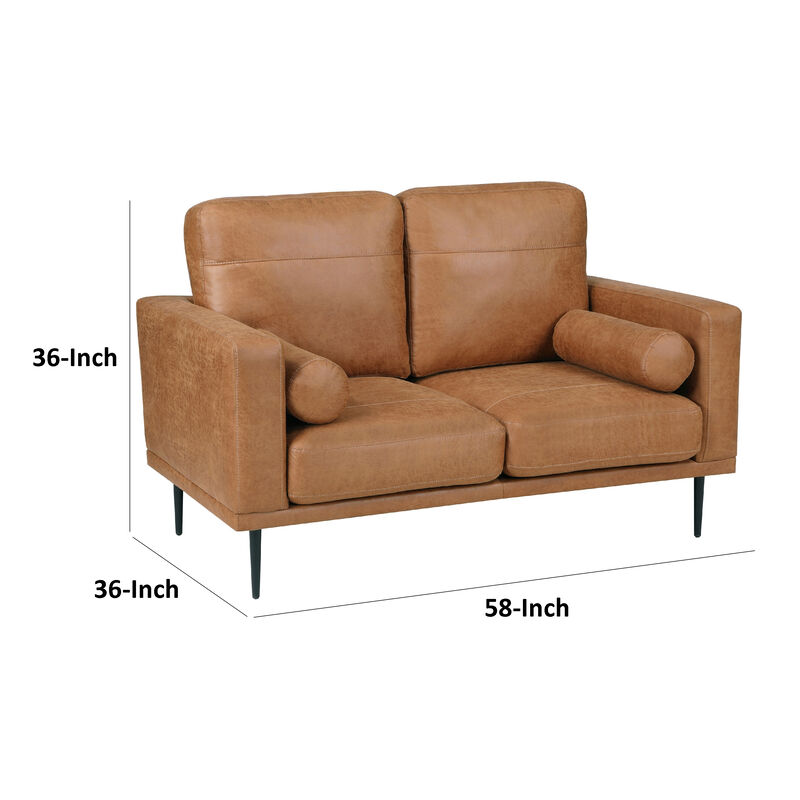 Coxi Loveseat with 2 Bolster Pillows, Soft Brown Microfiber, 58 Inch - Benzara