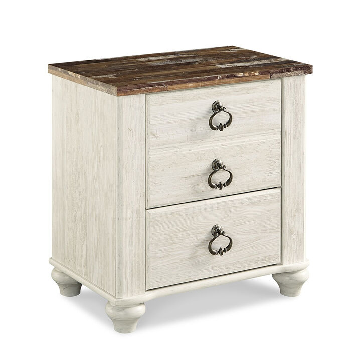 Isla Nightstand, 2 Drawers, 2 USB, Brown Wood Top, Rustic Whitewash