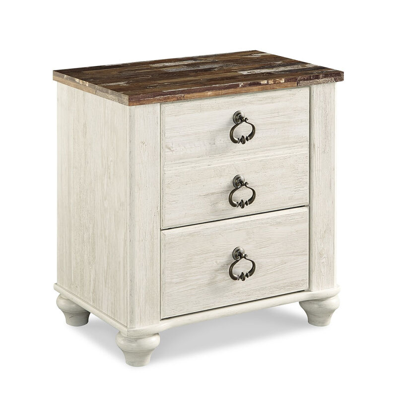 Isla Nightstand, 2 Drawers, 2 USB, Brown Wood Top, Rustic Whitewash