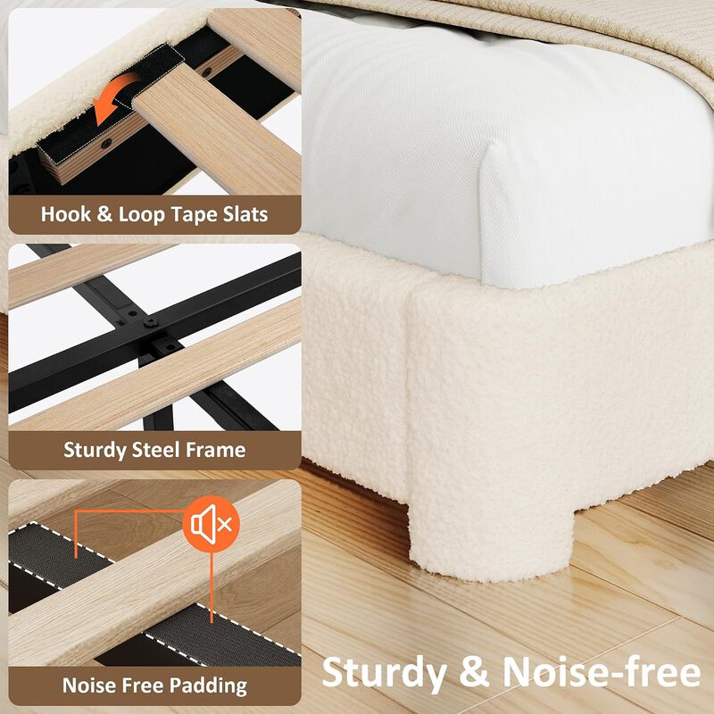 Vipbear Upholstered Boucle Platform Bed Frame with Adjustable Wide Headboard, Wooden Slats, Beige image number 4