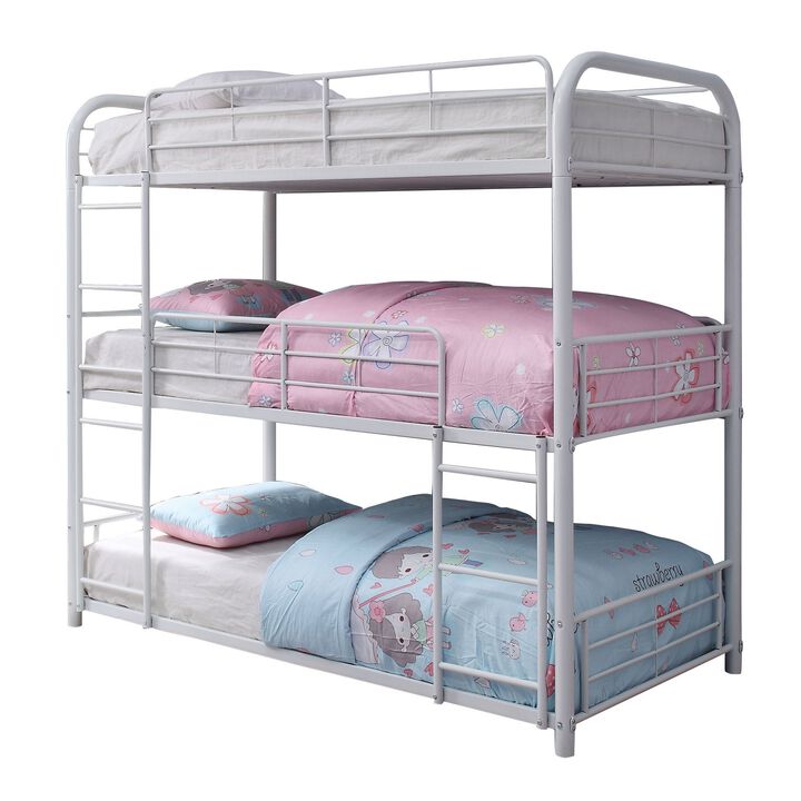 Metal Triple Twin over Twin Size Bunk Bed with Built In Ladders, White-Benzara