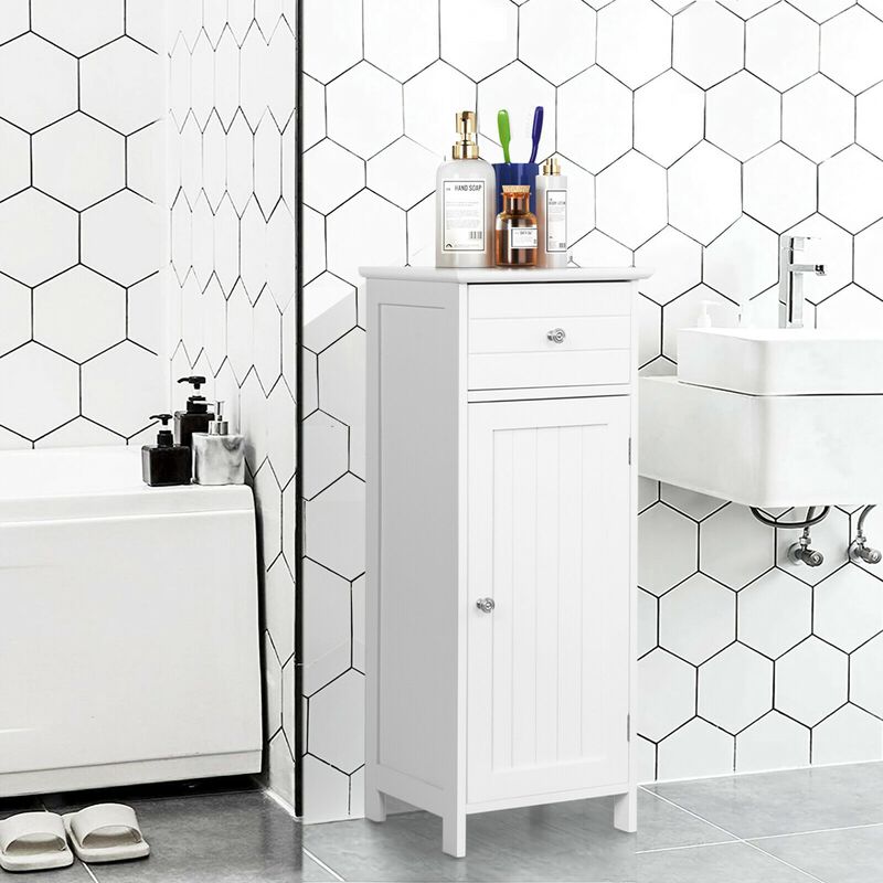 Wooden Bathroom Floor Storage Cabinet with Drawer and Shelf image number 1