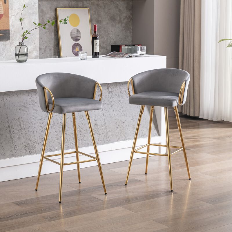 26 Inch Set of 2 Velvet Bar Stools with Chrome Footrest and Golden Base Counter Height Stools image number 7