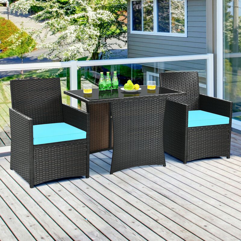 3 Pieces Patio Rattan Furniture Set with Cushion and Sofa Armrest