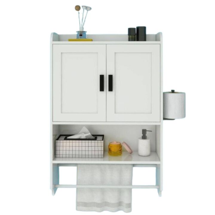 Hivvago White Bathroom Wall Cabinet with Towel Bar and Storage Shelf