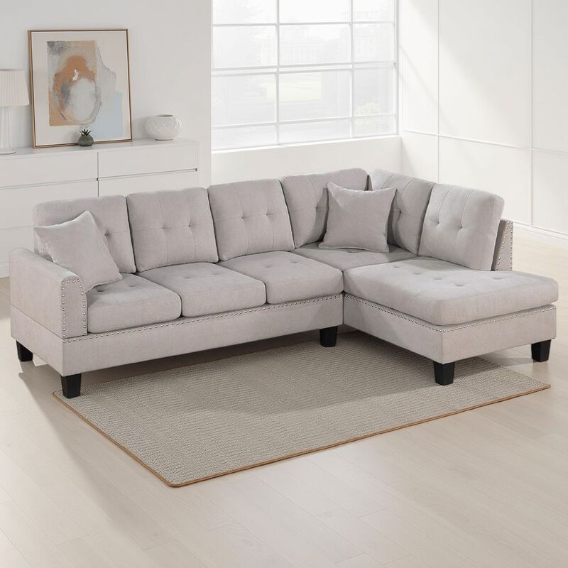 Dema 2pc Sectional Sofa Set, Chaise, 2 Pillows, Textured Beige Velvet