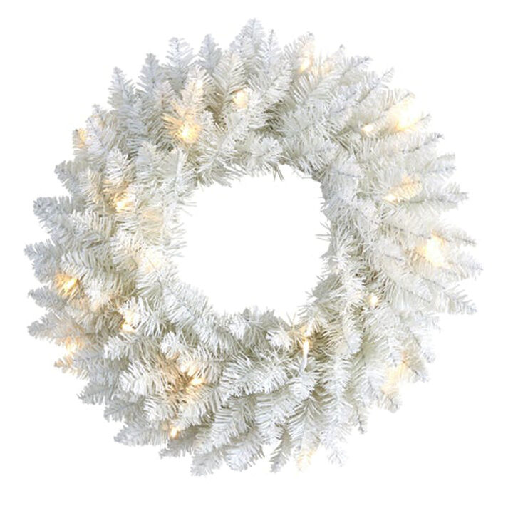 Nearly Natural 18-in White Colorado Spruce Artificial Christmas Wreath with 129 Bendable Branches and 20 Warm LED Lights