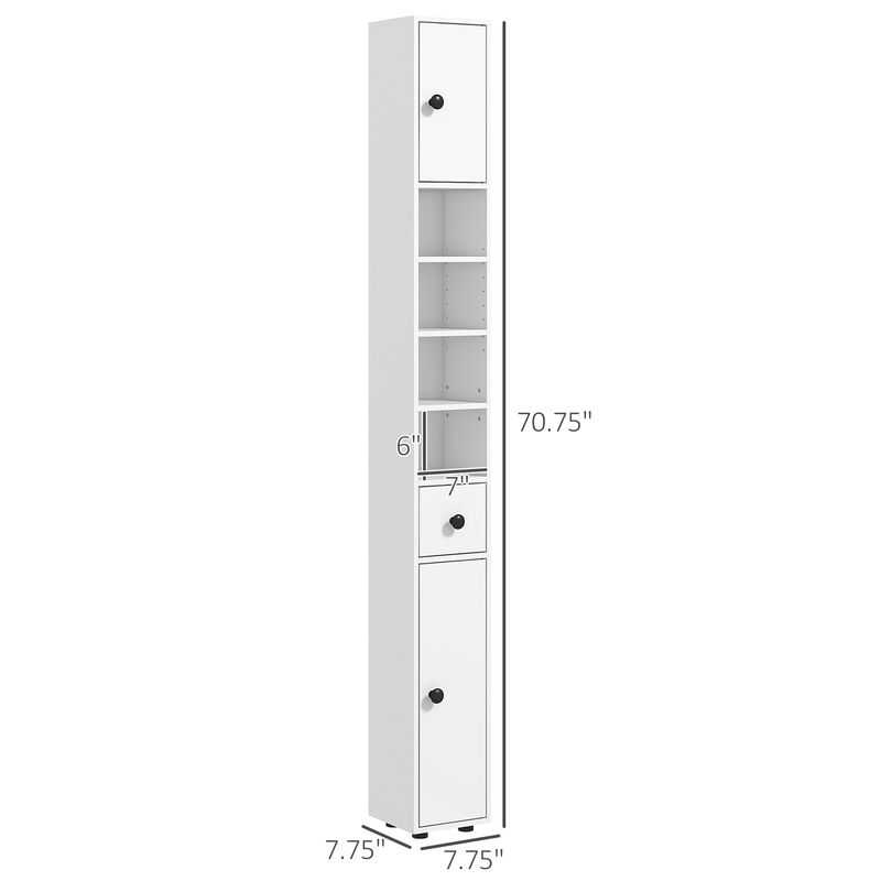 71" White Bathroom Storage: Narrow, Open Shelves, 2-Door Cabinets