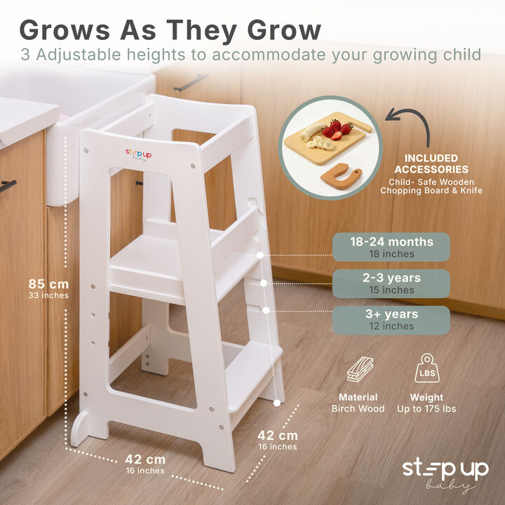 Stepup Baby&reg; Adjustable Toddler Tower - White Wooden Step Stool for Kids | Toddler Standing Tower with Child-safe Chopper & Chopping Board for 18M-4Y