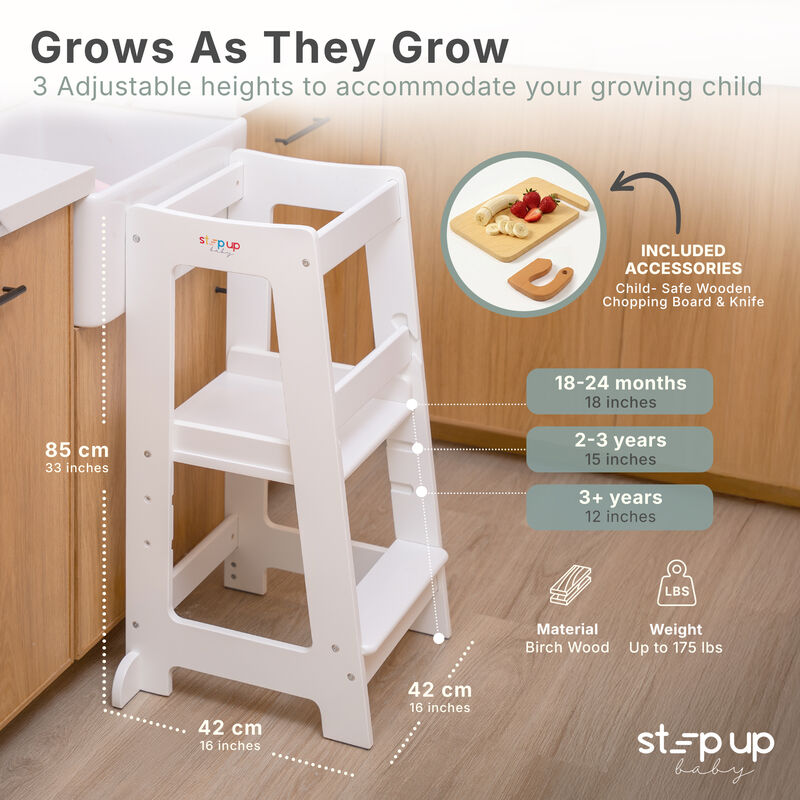 Stepup Baby&reg; Adjustable Toddler Tower - White Wooden Step Stool for Kids | Toddler Standing Tower with Child-safe Chopper & Chopping Board for 18M-4Y image number 1