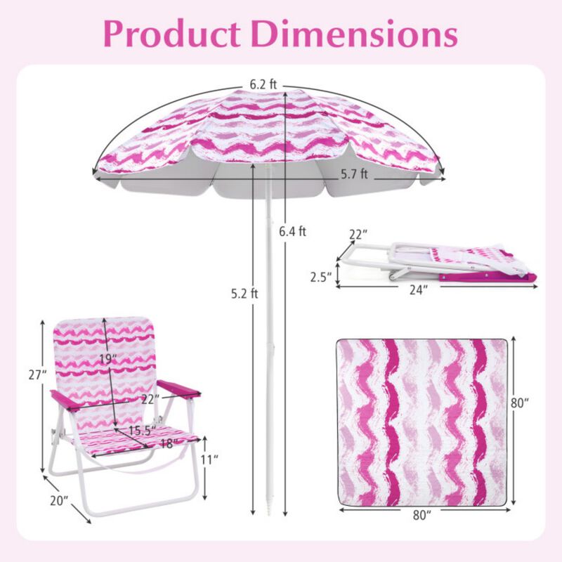 4 Pieces Beach Umbrella Set with 2 Foldable Chairs and Picnic Blanket-Blue image number 3