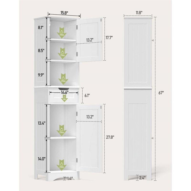 Hivvago White Bathroom Linen Cabinet Tower with 2 Doors Storage Drawer and Shelf