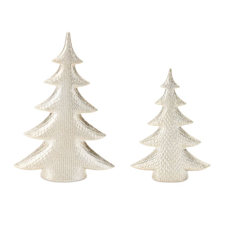 Porcelain Holiday Pine Trees (Set of 2) – Shimmer Ceramic Tree Figurines for Elegant Christmas and Winter Décor