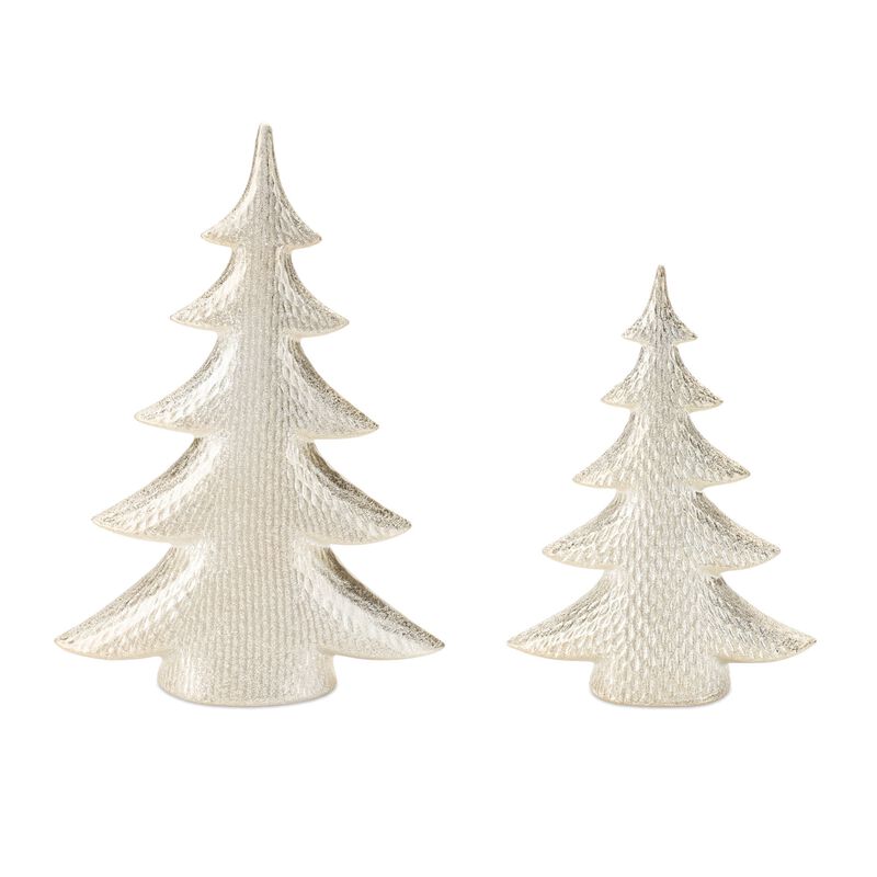 Porcelain Holiday Pine Trees (Set of 2) – Shimmer Ceramic Tree Figurines for Elegant Christmas and Winter Décor