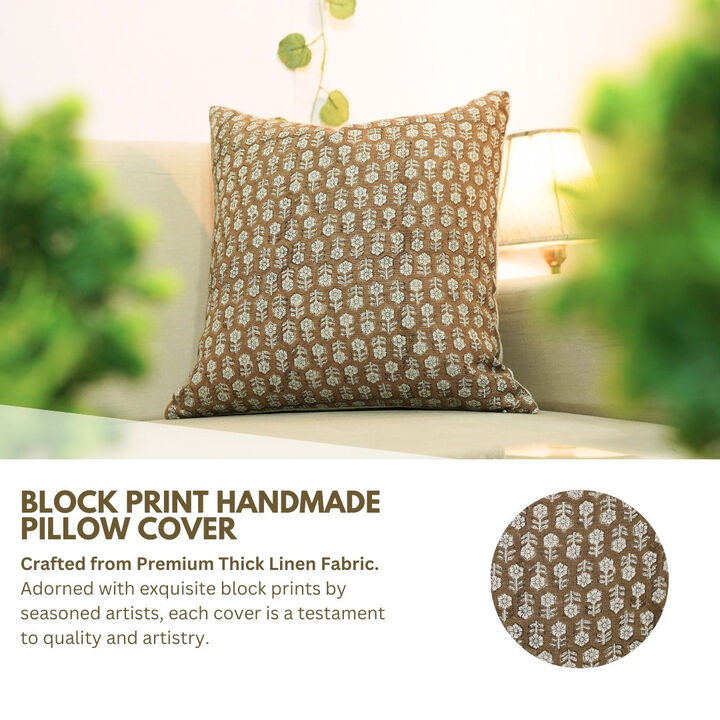 Fabdivine 16x16 Inch Handmade Floral Block Print Thick Linen Fabric Brown Pillow Cover